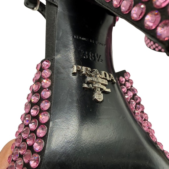 Prada Embellished Crystal Ankle Strap Block Heel Sandals Pink Women's Shoes 38.5 - Picture 9 of 9